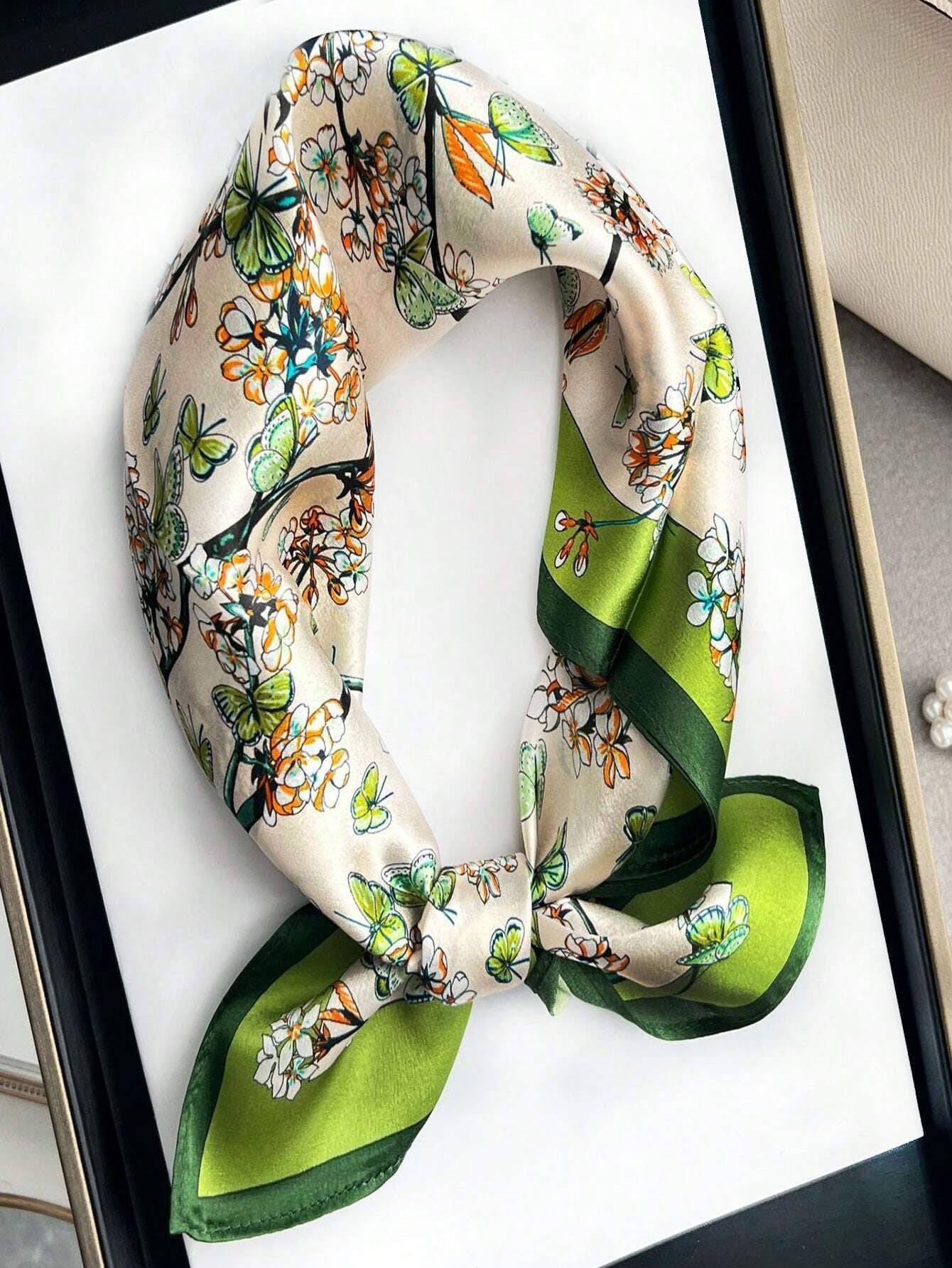 Green & Cream Pattern Silk Scarf