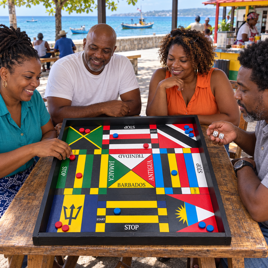 Friends playing a handmade four-country Caribbean Ludi board by the seaside