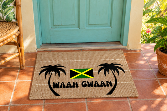 Waah Gwaan Jamaican coconut coir doormat on a sunny Caribbean veranda