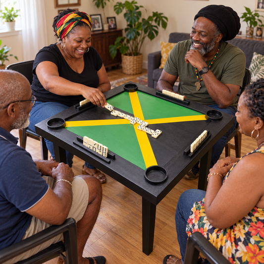 AI-staged lifestyle illustration of adults playing at a Jamaican domino table with legs; dominoes not included.